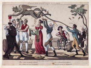 O grande diabo prateado, santo padroeiro das finanças. (Um diabo voa sobre homens e mulheres, cada um vestindo o traje distintivo do seu ofício (procurador, comerciante de vinho, padeiro, folião, fornecedor de comida, sapateiro, pintor e poeta) e segurando de French School