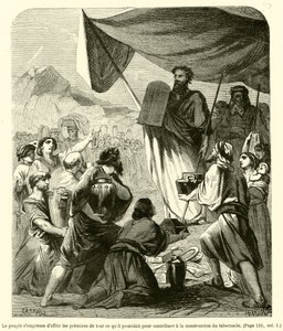 O povo apressou-se a oferecer os primeiros frutos de tudo o que tinha para contribuir para a construção do tabernáculo (gravura) de French School