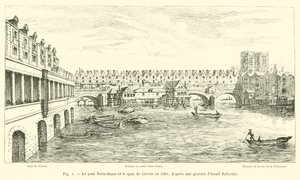 A Ponte de Notre-Dame e o Quai de Gevres em 1660, após uma gravura de Isrel Sylvestre de French School