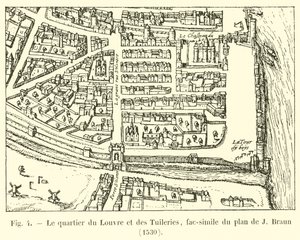 O Louvre e Tuileries distrito, fac-símile do plano de J Braun, 1530 de French School