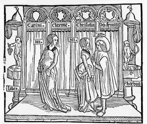 Teatro na Idade Média: três personagens em palco - gravura de Terence de Jean Trechsel, ed. em Lyon de French School