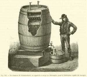 O barril Schutzenbach, ou aparelho utilizado na Alemanha, para a produção rápida de vinagre (gravura) de French School