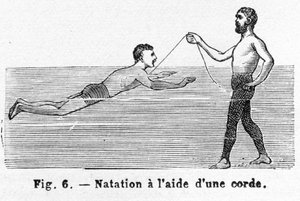 Aprendendo a nadar usando uma corda, pub. Gravura de 1885, 1885. de French School