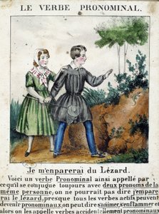 Lecon nos verbos pronominais. Em "La grammaire en images", álbum de folhetos, cerca de 1850. de French School