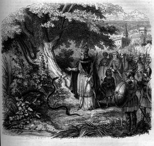 Lenda de Carlos Magno e a cobra: o imperador em frente ao ninho da cobra ocupado por um sapo. Gravura de 1852. de French School