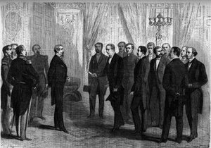 O Imperador Napoleão III recebe nas Tuileries a delegação mexicana encarregada de oferecer a coroa do México ao Príncipe Maximiliano (Maximiliano I do México). Paris de French School