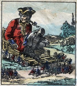 Lemuel Gulliver, um prisioneiro é transportado numa carroça puxada pelos Lilliputianos. Ilustração para "Gulliver