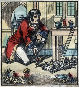 Lemuel Gulliver, conselheiro do exército de Lilliput. Ilustração para "Gulliver