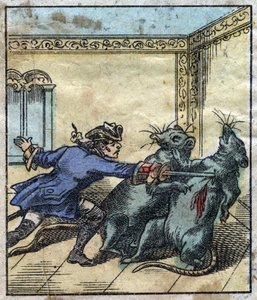 Lemuel Gulliver luta com ratos na terra dos gigantes de Brobdingnag. Ilustração para "Gulliver