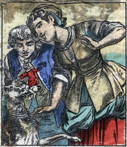 Lemuel Gulliver, na terra dos gigantes de Brobdingnag. Ilustração para "Gulliver