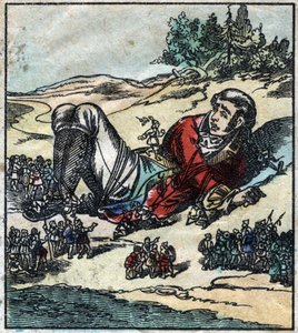Lemuel Gulliver acordou depois do seu naufrágio e foi feito prisioneiro pelos Lilliputianos. Ilustração para "Gulliver