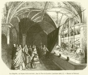 O Regalia, ou Jóias da Coroa, na Torre de Londres, Old Hall (gravura) de French School