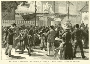 Os arredores da Exposição, Os vendedores de bilhetes no portão de Tourville, Palais des Machines, Desenho de M Guilliod (gravura) de French School