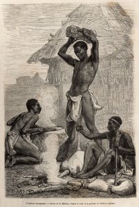 Les blacksmiths mannganyas, numa aldeia ao longo do rio Loualaba (actual rio Congo), gravado após um desenho de D.Maillard, ilustrando o último diário de David Livingstone (1813-1873), em 1866-1873, publicado em "Le tour du monde" 1875, editado por de French School