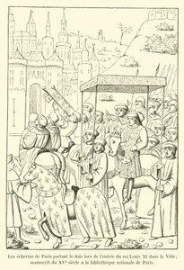 Os cavaleiros de Paris carregando o estrado na entrada do rei Luís XI na cidade; Manuscrito do século 15 na Bibliothèque Nationale de Paris de French School
