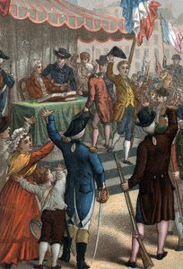 Les enrolements volontaires (em frente ao teatro de Odeon, Paris), La Patrie en danger, 22 de Julho de 1792. de French School