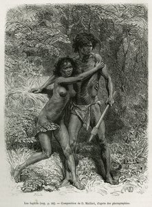 Les fugitives aborigenes, gravura segundo um desenho de D. Maillart, para ilustrar a história Seis meses na Austrália, de Desire Charnay, missão do Ministério da Instrução Pública, em 1878, publicada no tour du monde, sob a direção de de French School