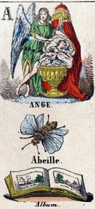 Letra A como Angel, Bee e Album. Um anjo protetor perto de uma criança dormindo em um berço. Um pequeno alfabeto enciclopédico. Imagem de Epinal, por volta de 1860. Gravura em madeira, gravada com estêncil e dourada. Dim: 37,8x50,3cm. Coleção Particular de French School