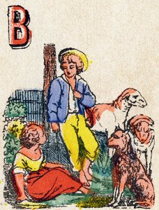 Carta B Shepherds. Gravura no "Alfabeto do Jeux". Sr. Vagne, editor, Pont-a-Mousson, final do século XIX. Série Pink. 12 páginas. Álbum contendo um método de leitura simplificado e um abecedário ilustrado. Dim: 16,5x11cm de French School