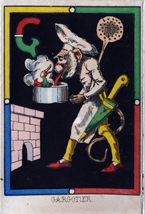 A letra G como gárgula. Alfabeto dos macacos. Gravura em madeira. Imagem de Epinal. de French School