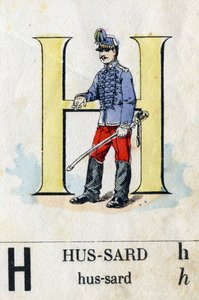 A letra H como um mariquinhas. Alfabeto Militar . Imagem de Epinal, cerca de 1870-1880. Cortes de lenha cor de estêncil. de French School