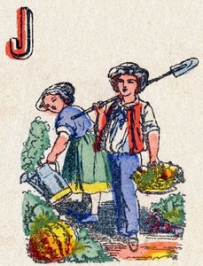 Letter J Gardeners. Gravura no "Alfabeto do Jeux". Sr. Vagne, editor, Pont-a-Mousson, final do século XIX. Série Pink. 12 páginas. Álbum contendo um método de leitura simplificado e um abecedário ilustrado. Dim: 16,5x11cm de French School