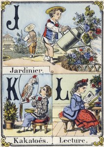 Letras J, K e L: jardineiro, kakatoes e leitura. Alfabeto recreativo. Imagem epinal. Gravuras em madeira estampada, cerca de 1880. Pequeno livreto de 16 páginas. de French School
