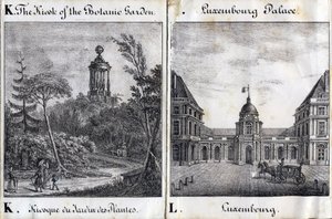Carta Kiosk do Jardin des Plantes e L Palais du Luxembourg - "Alfabeto Picturesque des Monumens de Paris" c.1840 (gravura) de French School