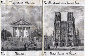 Carta M Madeleine e N Notre-Dame de Paris (Notre Dame de Paris) - "Alfabeto Pitoresco des Monumens de Paris" c.1840 (gravura) de French School
