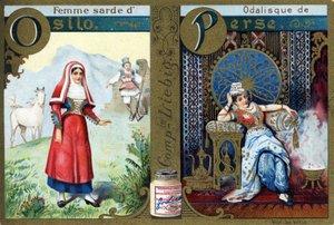 Carta O como Mulher Sardinha de Osilo e P como Odalisco da Pérsia. Alfabeto da mulher . Série de 12 imagens. Liebig publicidade de French School