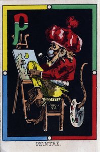 Carta P como pintor. Alfabeto dos macacos. Gravura em madeira. Imagem de Epinal de French School