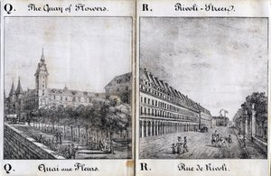 Letra Q e A: A doca das flores e a rua de Rivoli - "Alphabet Picturesque des Monumens de Paris" c.1840 (gravura) de French School