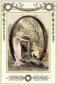 Carta Q representando uma mãe e seu filho bebendo água da nascente, no final do século XIX (cromolitografia) de French School