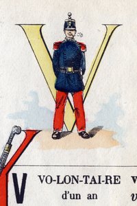 Carta V como voluntário. Alfabeto Militar . Imagem de Epinal, cerca de 1870-1880. Cortes de madeira na cor Stencil. de French School