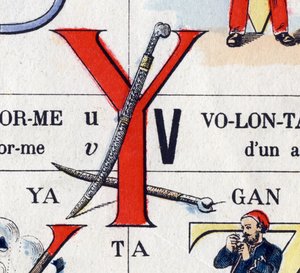 Carta Y como yatagan. Alfabeto Militar . Imagem de Epinal, cerca de 1870-1880. Cortes de lenha cor de estêncil. de French School