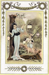 Carta representando uma mãe japonesa e seu filho com lanternas, final do século XIX (cromolitografia) de French School