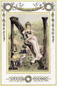 Carta representando uma mãe e seus filhos dançando, final do século XIX (cromolitografia) de French School