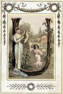 Carta representando uma mãe tocando lyre e sua filha dançando com timpani, no final do século XIX (cromolitografia) de French School