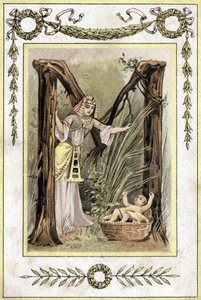 Carta representando uma mãe egípcia encontrando uma criança abandonada (Moisés salva águas), final do século XIX (cromolitografia) de French School