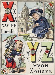 Letras X Y Z: Xavier o inválido e Yvon o Zouave. Gravura em "Alfabeto Militar Cômico". Quinta série. Imagem epinal. Pellerin & Cie, Impressoras, Epinal, final do século XIX. 16 páginas. Dim: 25x18,5cm. de French School