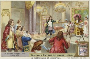 Cartão Liebig apresentando teatro francês durante o reinado de Louis XIV de French School
