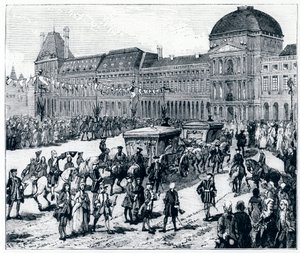 A vida sob Luís XV: o rei chegando ao Palais des Tuileries, onde a rainha e o golfinho o esperam - em "Paris através dos séculos" de Gerouillac de French School