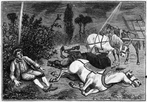 Relâmpago: Um homem encontra sentado debaixo de um arbusto, ao lado dos seus quatro cavalos mortos. de French School