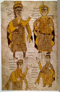 Lodhanri Rei dos Alamãs (ou Alemães: tribo germânica) rodeia um eveque, um duque e um conde. Manuscrito "Breviaire d
