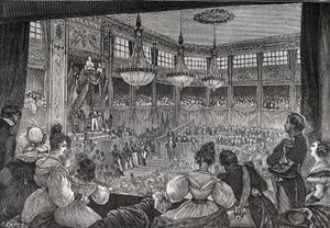 Louis-Philippe I é empossado como rei perante a Câmara dos Deputados, 9 de Agosto de 1830 - Revolução de 1830: "O Rei Luís Filipe I (1773-1850) presta juramento de manter a Carta de 1830 na presença das câmaras reunidas na sala provisória do Pa de French School