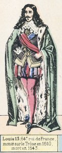 Luís 13, 64º rei de França, ascendeu ao trono em 1610, morreu em 1643 (gravura colorida) de French School