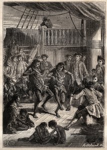Louis Antoine, Conde de Bougainville (1729-1811) recebeu os habitantes da Baía de Fortescue (Detroit de Magalhães) no seu barco "La Boudeuse" em 1768 - ilustração de "The Great Mariners of the 18th century". de French School