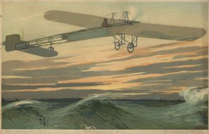 Louis Bleriot efectua o primeiro voo através do Canal da Mancha num aparelho mais pesado do que o ar, 25 de julho de 1909 (litografia a cores) de French School
