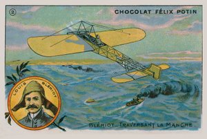 Louis Bleriot fazendo o primeiro voo através do Canal Inglês em um avião mais pesado que o ar, 1909 de French School