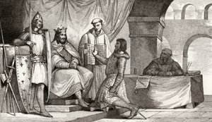 Luís II (848-79), o Gago recebe um juramento de lealdade de um nobre, de "Histoire de France" de Colart, publicado em 1840 de French School